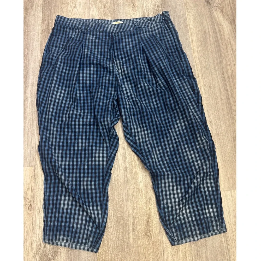 Maeve Anthropologie Blue Gingham Pleated Tapered Cropped Pants Plus Size 20W